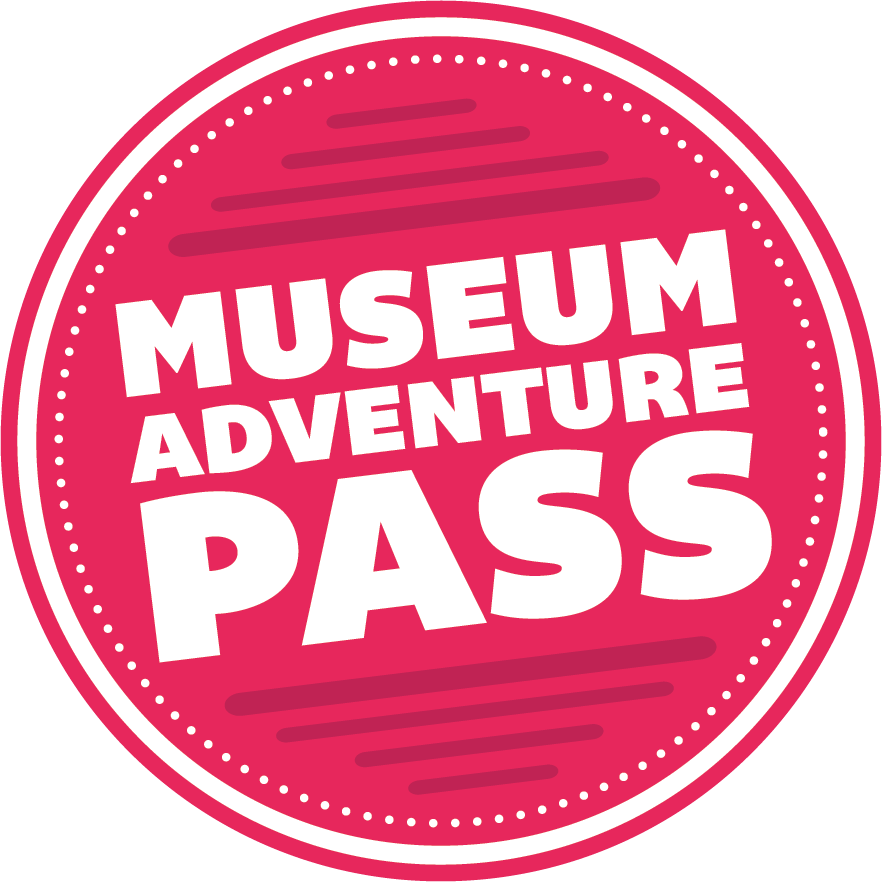 Museum Adventure Pass logo. Circular red logo implying an inked stamp. The wordbrand "Museum Adventure Pass" in white letters.