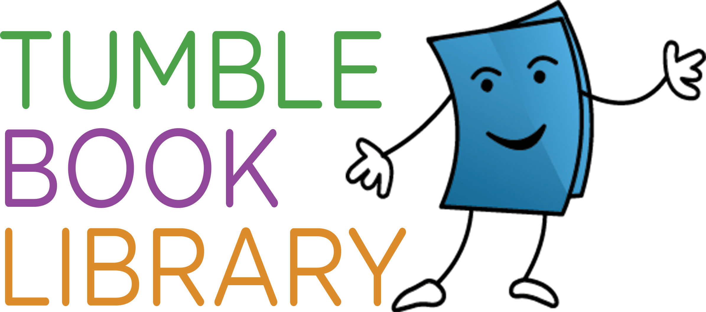 The wordbrand "Tumble Book Library" to the left of a cartoon image of a blue book with a smiling face, legs and arms