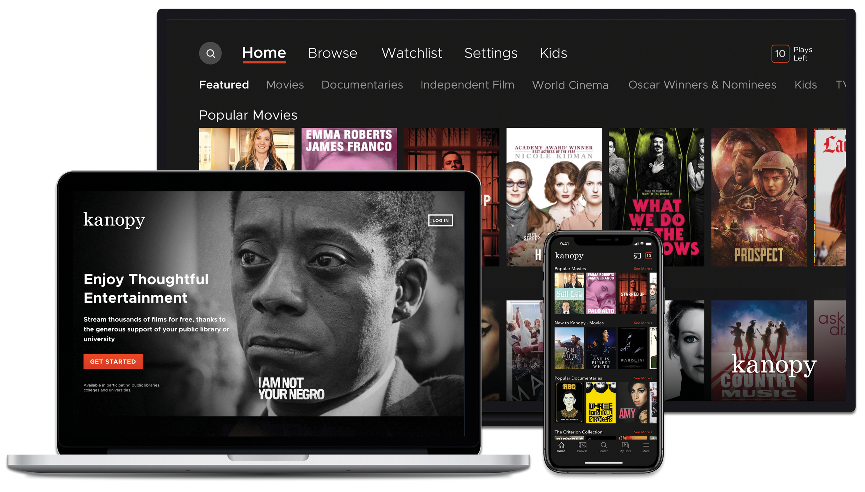 The kanopy app displayed on web, mobile, and TV
