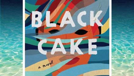 Cover of the novel Black Cake in front of gently rippling ocean waves.