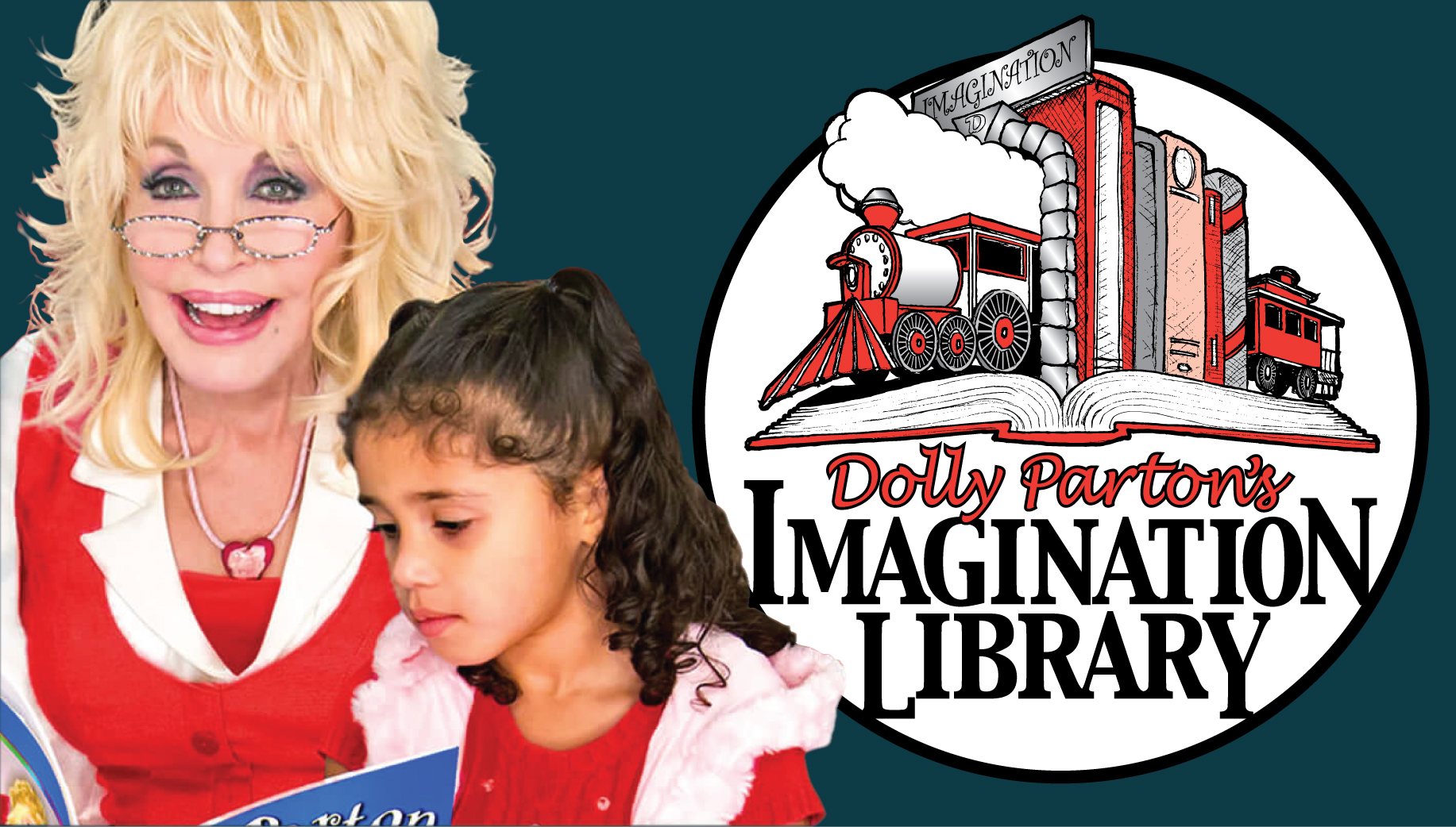 Dolly Parton holding a book open reading to a child. Both are wearing red dresses with white trim. The logo for 'Daolly Parton's Imagination Library' fills the right half of the image.