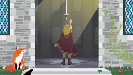Illustration of a person with golden hair dressed in medieval style clothes standing in the entrance of possibly a castle or a fort reaching upwards for a floating sword bathed in sunlight. A fox and a raven are in the lower left corner of the image.