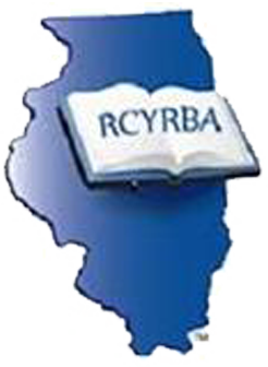 The Caudill Award logo which consists of the border of the state of Illinois, filled in blue, with an open book in the foreground framing the letters "R, C, Y, R, B, A".